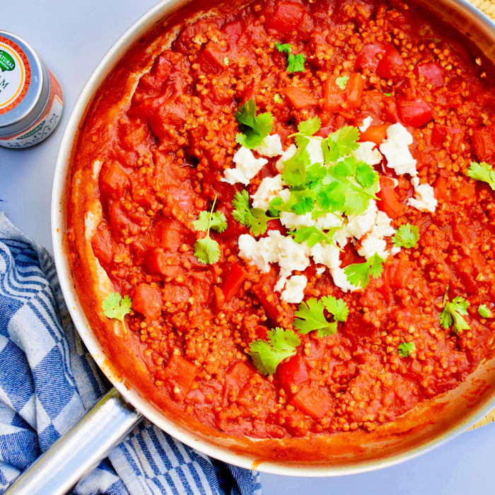 Shakshuka met feta en kasha (pittige tomatensaus)