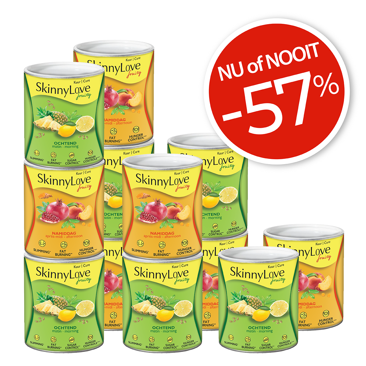 Pakket van verschillende blikken fatburner in verschillende fruit smaken