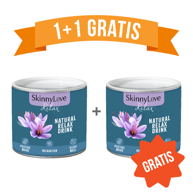 een pot van skinnylove van natural relax drink. De verpakking is donkerblauw en er staan appels en paarse bloemen op.