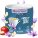 een pot van skinnylove van natural relax drink. De verpakking is donkerblauw en er staan appels en paarse bloemen op.